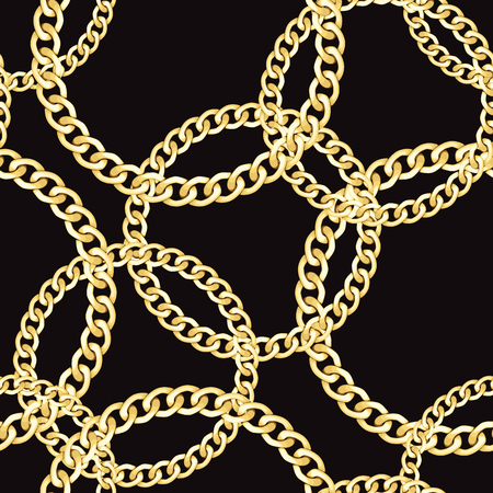Golden round chains fahion seamless pattern isolated on black background. Gold chaotic repeat background with jewelry for textile prints, wallpapers, wrapping, silk shawls.のイラスト素材