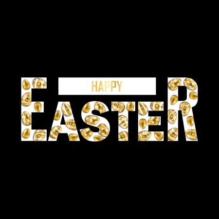 Happy Easter t-shirt fashion print on black background with gold eggs. Pattern with lettering for tshirt and apparel graphics, poster, print, postcard.のイラスト素材
