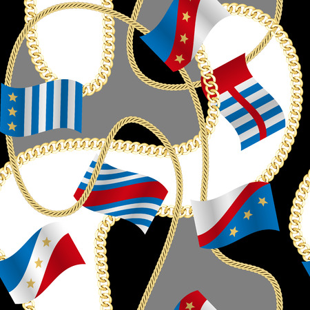 Golden fantasy flags and chains seamless pattern black, gray and white background. Fashion luxury wallpaper with jewelry for classic textile prints, wrapping, silk shawls.のイラスト素材