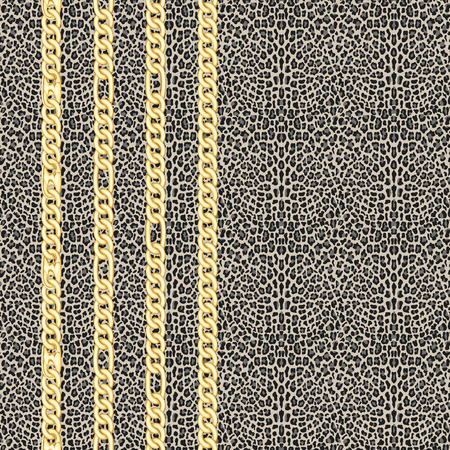 Golden chains vertical seamless pattern on leopard background. Fashion luxury gold and animal...