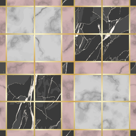 Vector white, pink and black check marble seamless pattern. Repeat marbling surface with gold decorative elements, modern luxurious chessboard background, luxury wallpaper, textile print and tile.のイラスト素材
