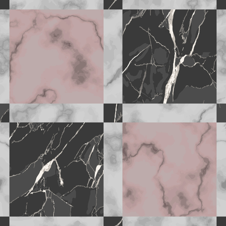 Vector white, pink and black check marble seamless pattern. Repeat marbling surface, modern luxurious chessboard background, luxury wallpaper, textile print and tile.のイラスト素材