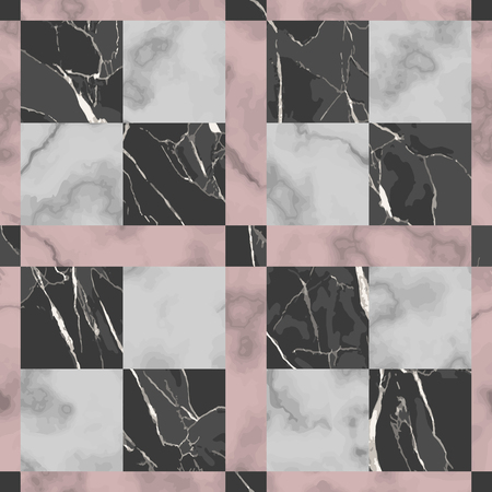 Vector white, pink and black check marble seamless pattern. Repeat marbling surface, modern luxurious chessboard background, luxury wallpaper, textile print and tile.のイラスト素材