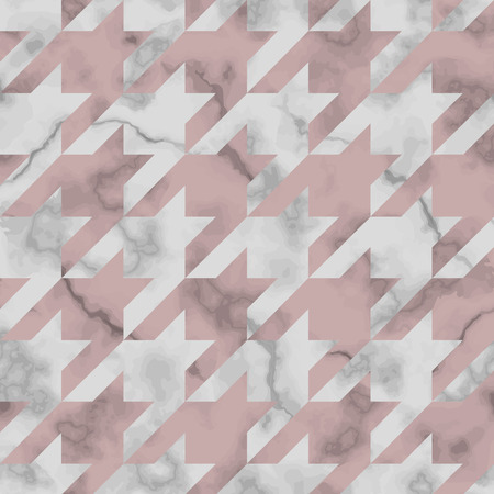 Vector white and pink houndstooth marble seamless pattern. Repeat marbling surface, modern luxurious chessboard background, luxury wallpaper, textile print and tile.のイラスト素材