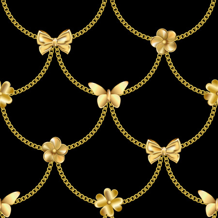 Seamless pattern with gold chain and pendants. Jewelry repeat wallpaper for textile prints, wrapping, luxury backgrounds, greeting cards.のイラスト素材