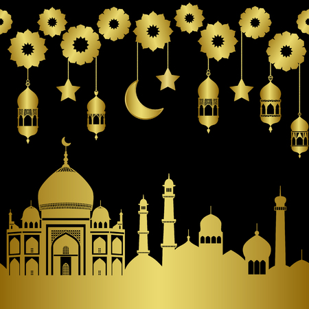 Abstract gold arab holiday city seamless pattern with mosquesのイラスト素材