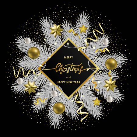Merry Christmas and Happy New Year card on black background. Luxury mock up with white fir tree and gold objects, template for greeting, winter holiday cards, posters and covers with text place.のイラスト素材
