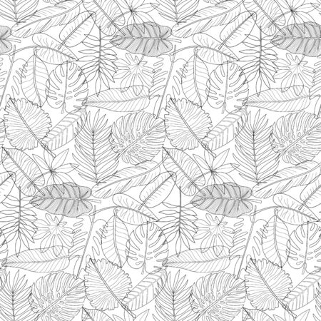 Leaves of tropical plants black and white outline seamless patternのイラスト素材