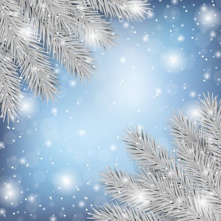 Winter fir tree and snow natural card template with Christmas tree and bokeh effect on blue background. Luxury mock up with white fir for winter holiday cards, posters, covers with text placeのイラスト素材