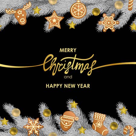Christmas and New Year Card with gingerbread and toys on black background. Winter holiday pattern for templates, greeting card, menu and invitations with text place.のイラスト素材