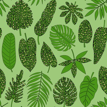 Leaves of tropical plants with leopard print seamless patternのイラスト素材