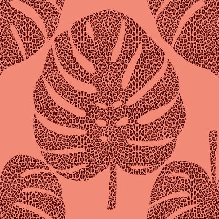 Monstera Leaves with leopard background seamless patternのイラスト素材