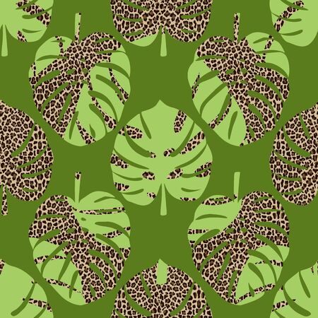 Monstera Leaves on leopard background seamless pattern. Natural plant and animal backdrop for textile and interior prints, wallpapers, wrappingのイラスト素材