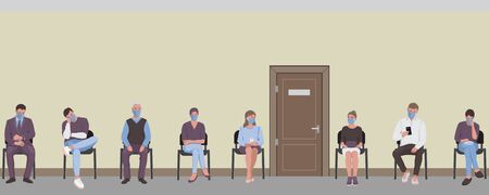 Social distancing of people sitting on chairs in corridor and waiting in the queue turn the doorのイラスト素材