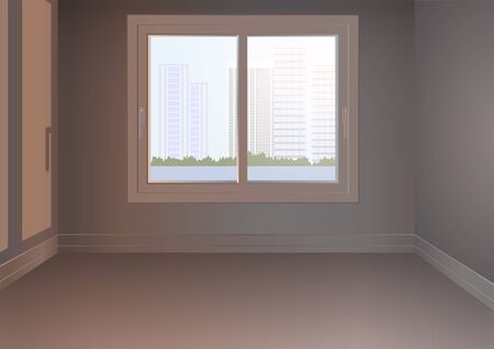 An empty room with a window and an urban landscapeのイラスト素材