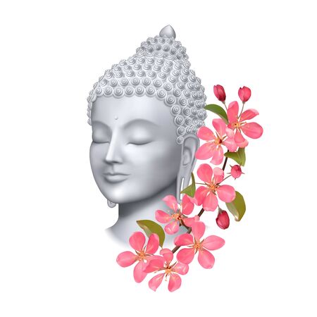 Buddha face with pink cherry flowers print. Esoteric vector illustration with Buddhism symbol, spiritual art, tattoo.のイラスト素材