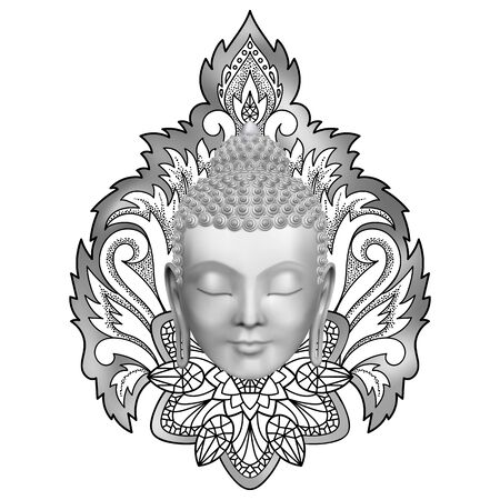 Buddha head with abstract floral decoration. Pattern for tattoo, textile and t-shirt print, mascots and amulets, black and white coloring pageのイラスト素材