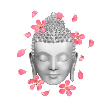 Buddha face with pink cherry flowers print. Esoteric vector illustration with Buddhism symbol, spiritual art, tattoo.のイラスト素材