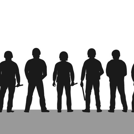 Silhouette of police line seamless border. Pow of policemen stands with their backs turnedのイラスト素材