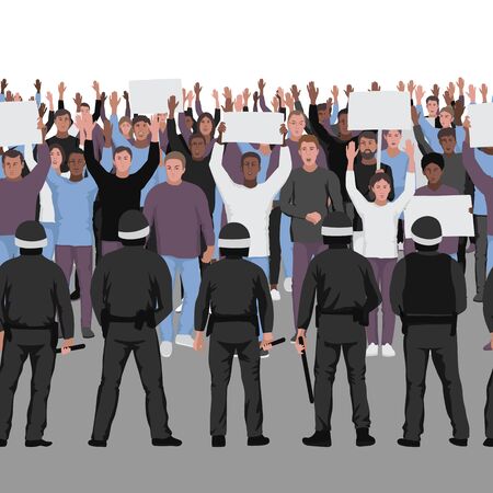 Protesting people with hands up and the police seamless border. Public protest repeat background....