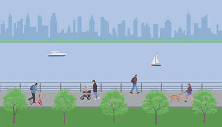 People walk in the city embankment park. Vector illustration.のイラスト素材