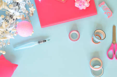 Making gifts, hand made crafts holiday background, template with text placeの写真素材