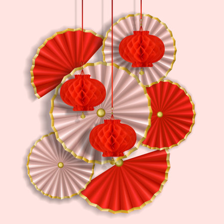Red and white composition with paper flowers, fans and lanternsのイラスト素材