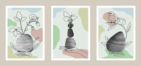 Natural abstract botanical art set with stonesのイラスト素材
