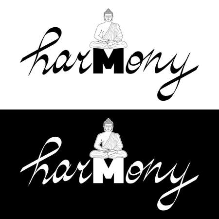 Harmony t shirt print with Buddha and hand drawn lettering setのイラスト素材