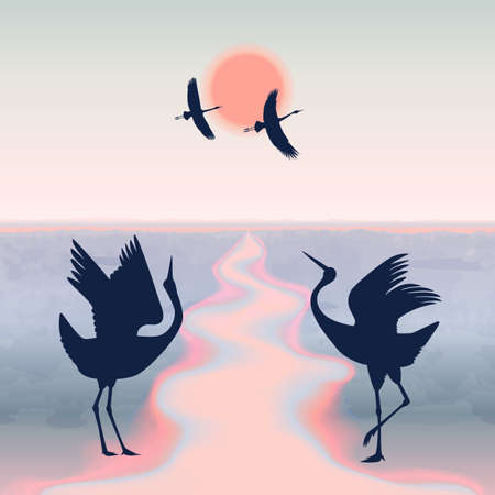 Japanese cranes abstract seamless border with watercolor backgroundのイラスト素材