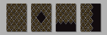 Art Deco golden A4 templates set. Gatsby sequin luxury backgrounds for greeting New Year and birthday cards, covers, wedding invitations of vintage style with text place.のイラスト素材