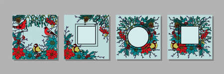 Winter templates set for greeting cards and covers. Nature round compositions, mock ups with text place.のイラスト素材