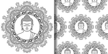 Print and seamless pattern set of Buddha with mandala. Modern wallpaper for textile and tshirt prints, tattoo, coloring pages.のイラスト素材