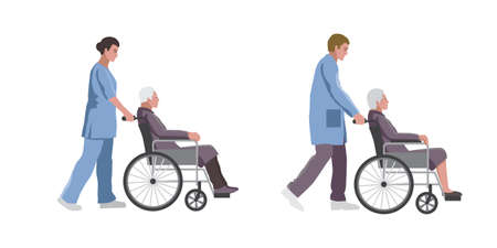 Social, medical workers with elderly people in a wheelchairs setのイラスト素材