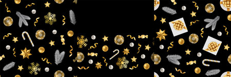 Christmas and New Year Seamless Patterns and Border set with Winter Holiday Objects