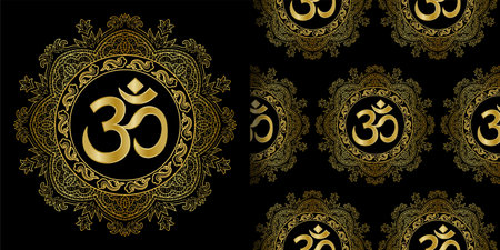 Om and Mandala print and seamless pattern setのイラスト素材