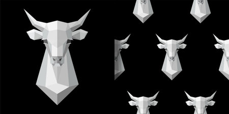 Cow Head Polygonal White Model and seamless pattern setのイラスト素材