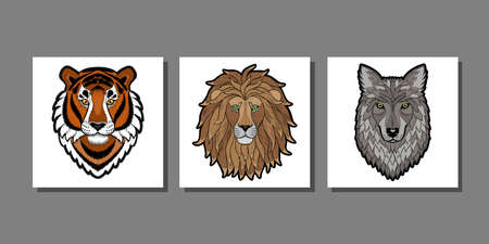 Embroidery tiger lion, wolf head prints set