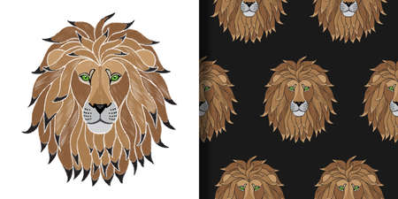 Embroidery Lion print and seamless pattern setのイラスト素材