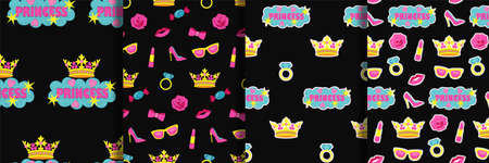 Princess fashion embroidery seamless patterns setのイラスト素材