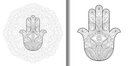 Hand of Fatima tattoo with mandala and eye setのイラスト素材