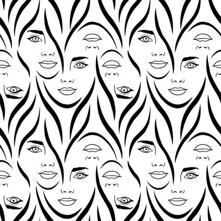 Abstract seamless pattern with womans faces and hairのイラスト素材