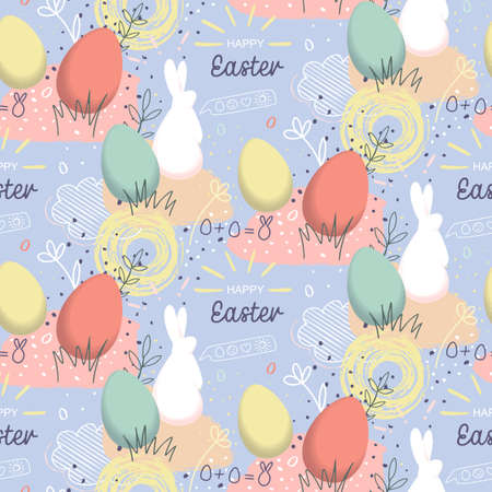 Happy Easter hand drawn seamless pattern with eggs and rabbitsのイラスト素材