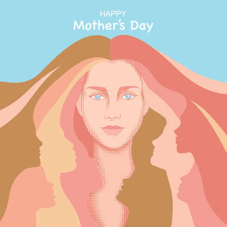Happy Mothers Day abstract illustration with woman head and hair with children