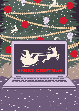 Greeting card with laptop, Santa Claus and Christmas treeのイラスト素材