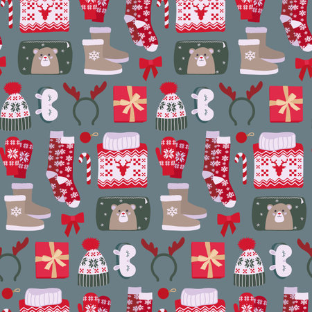 Christmas seamless pattern with gingerbreads, gifts fir tree. Winter holiday backgroundのイラスト素材