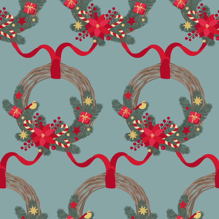 Seamless pattern from Christmas wreath made of winter and natural objectsのイラスト素材