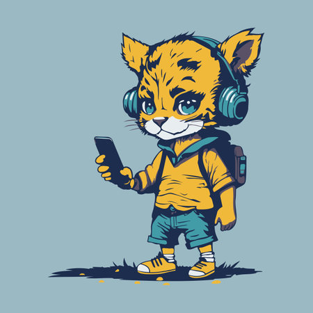 A baby tiger wearing headphones with a smartphoneのイラスト素材