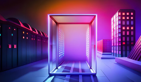 Abstract futuristic city and neon luminous frame. Generative AI