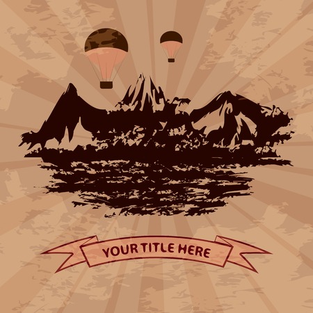 Mountains and balloons in the sky, has a ribbon for text. のイラスト素材